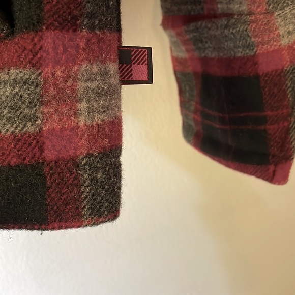WOOLRICH Vintage Wool Plaid Check Double Breasted Coat Jacket Peacoat Red Black - Picture 13 of 14